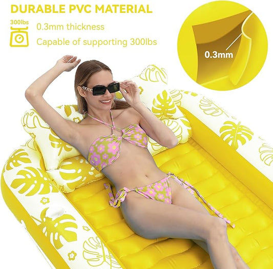 Inflatable Tanning Pool Lounger Float with Cervical Pillow - Pool Floats Adult for Sunbathing, Backyard, Pool Party - Inflate Ball Pit for Babies - Kids Swimming Pool Bed
