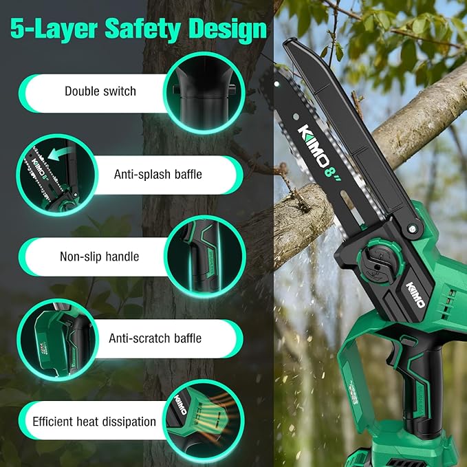 KIMO 8-INCH Mini Chainsaw Cordless, 4.0Ah Batteries & Fast Charger, 34 FT/S Powerful Cutting Handheld Chain Saw w/Auto Oiler, Brushless Battery Powered Chainsaw Electric for Dad Tree Trimming