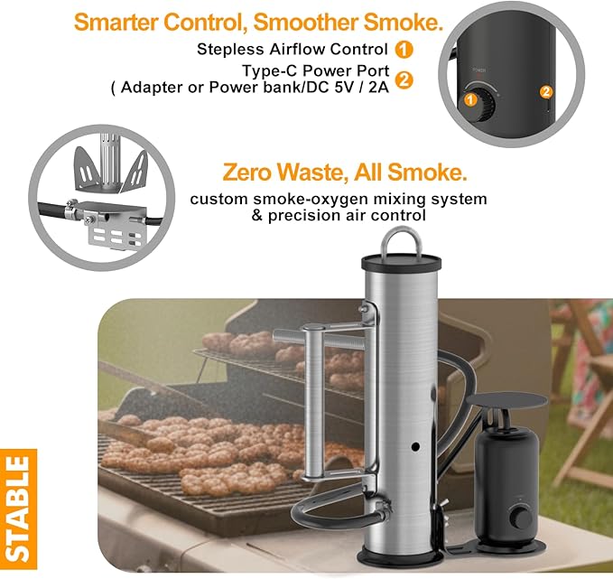 LAZYFOX Smoke Generator for Pellet, Portable Cordless Electric Outdoor Smoker Tube, Wood chips or mix, Hot or Cold Smoking Backyard BBQ, Fit Any Grill or Smoke (Silver black)