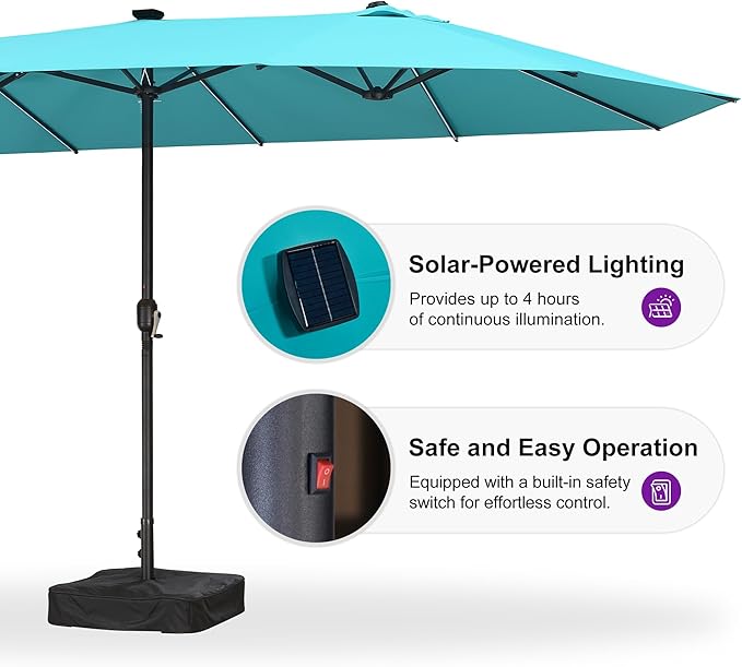 PURPLE LEAF 15ft Patio Market Umbrella with Solar LED and Base Double-Sided Rectangle Outdoor Table Sun Umbrellas with Crank for Pool Beach Deck Backyard Turquoise Blue