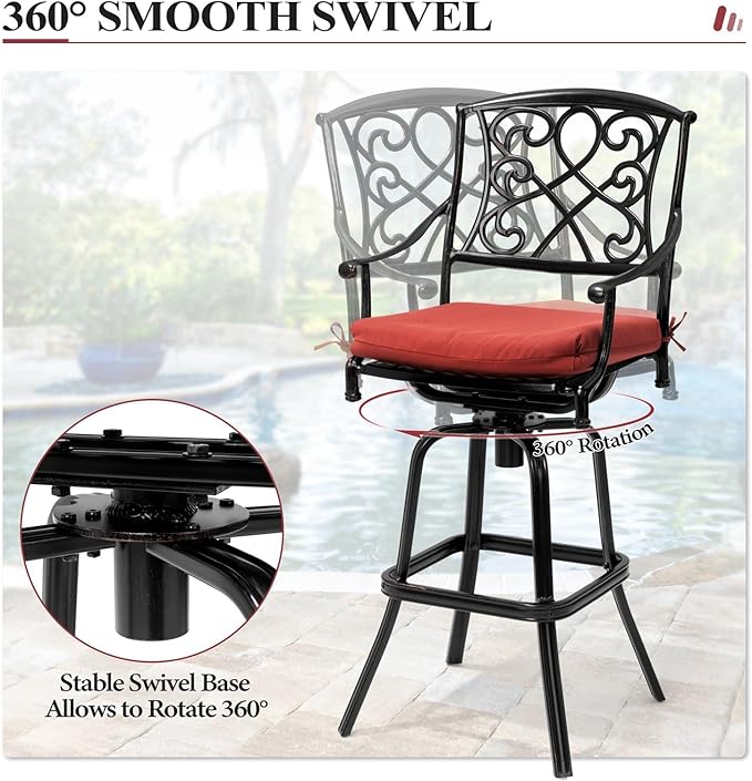 Crestlive Products Outdoor Bar Stools with Sunbrella Cushion Set of 2, 360° Swivel Patio Bar Height Chairs, All Weather Heavy Duty Commercial Grade Furniture, Antique Brown Finish for Outside (Red)