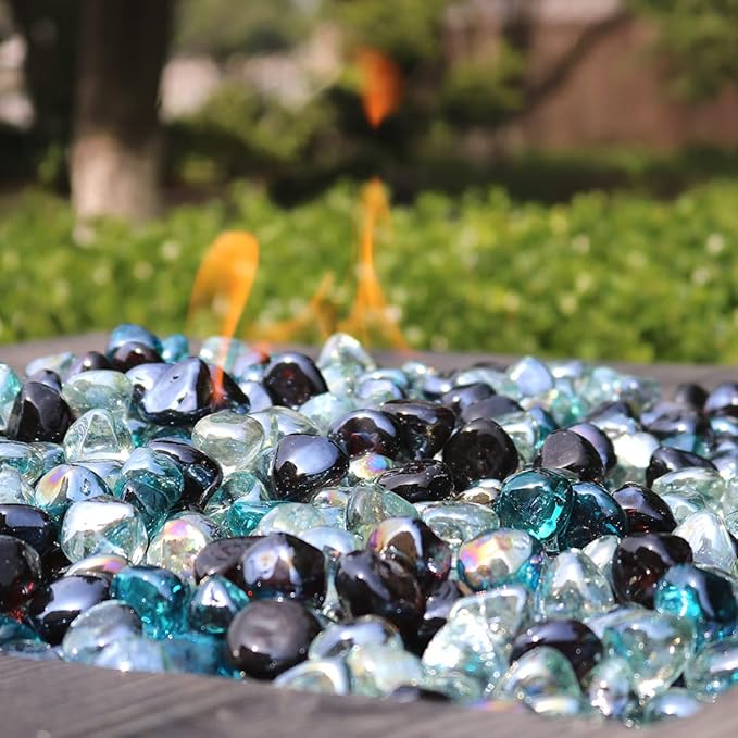 Fire Glass Diamond 1 Inch Fire Pit Glass Rocks for Propane or Gas Fire Pit (Gift Package) (20 Pounds, White/Amber/Margarita Azura Blue Blend)