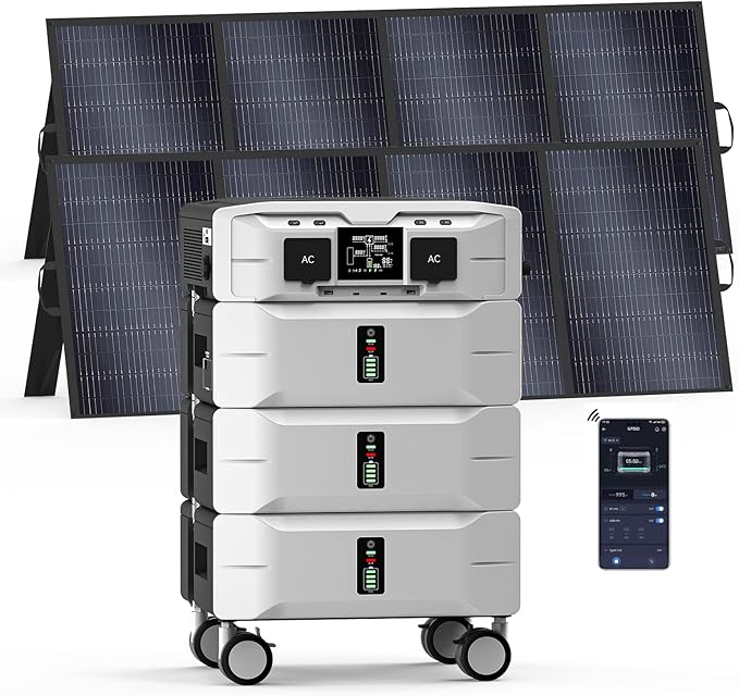 IEE 7680Wh Power Station SP5000:(1x Inverter + 3 x Batteries) with 2X400W Solar Panels, 120/240V 5000W(Surge 9000W) AC Output, 3500W/240V Fast AC Charging Solar Generator for Home Battery Backup