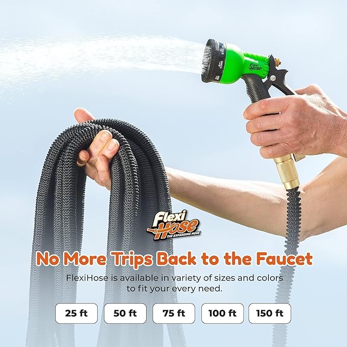 Flexi Hose Expandable Garden Hose with 8 Function Nozzle, 25FT - Lightweight Retractable Garden Hose, Water Hose - No-Kink Flexibility, 3/4 Inch Solid Brass Fittings and Double Latex Core