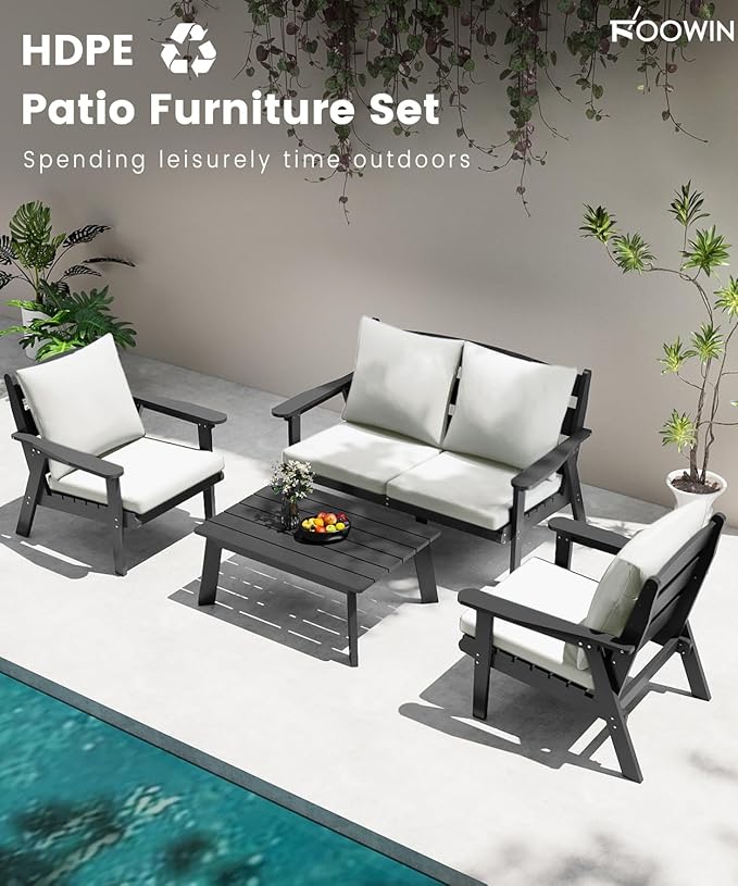 FOOWIN 4-Piece Patio Furniture Set, HDPE All-Weather Outdoor Conversation Set with Thick Cushions, Sectional Patio Sofa Furniture for Deck, Porch, Lawn, Garden, Grey Frame & White Cushion