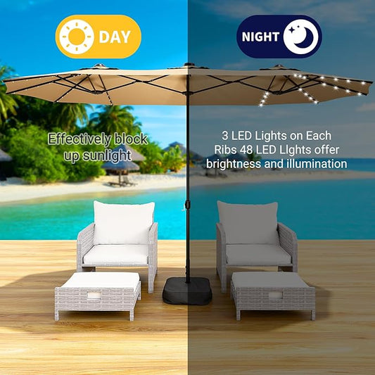 LEVELEVE 15FT Large Patio Patio Umbrella with Base & Solar LED Lights - Double-Sided,Kahaki