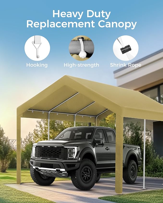 Heavy Duty Carport Replacement Canopy Cover, Durable Waterproof Garage Shelter Top, Car Tent for Outdoor Use, with Ball Bungees for Secure (Beige 12x20FT Cover ONLY)