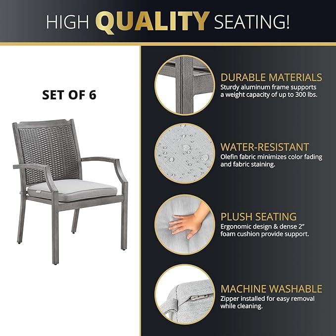 7-Pieces Patio Furniture Set with 52" Round Fire Pit Table, 6 x Patio Dining Chair with Cushions, 50,000 BTU, with CSA Certified, All-Weather Aluminum Frame Conversation Sets for Yard, Patio, Garden