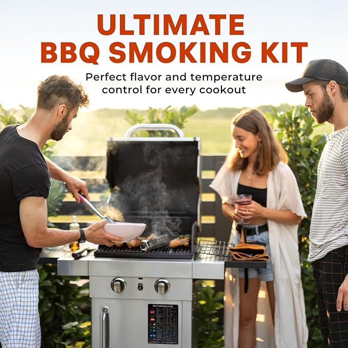 BBQ Meat Temperature Magnet & Pellet Smoker Tube Bundle – Durable Meat Smoking Guide & Stainless Steel Pellet Smoker Tube for Gas, Charcoal, & Electric Grills – Essential BBQ & Grilling Accessories