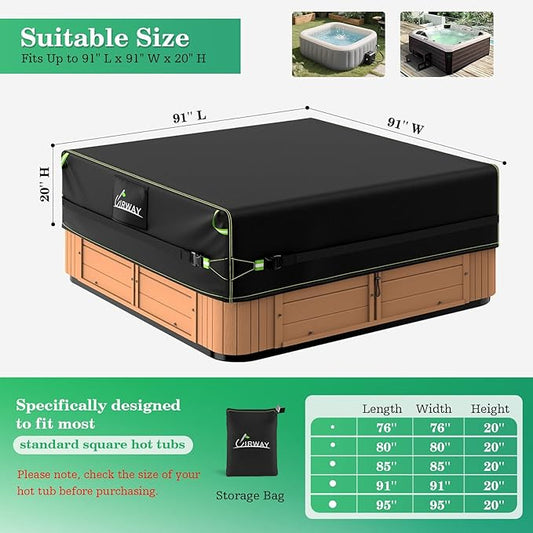 Uirway 600D Square Hot Tub Cover 91”L x 91”W x 20”H [2025 Upgraded Heavy Duty Fabric] Outdoor Waterproof SPA Covers for Hot Tub, New Super Windproof Straps, Hot Tub Winter Cover Protector with Anti-UV