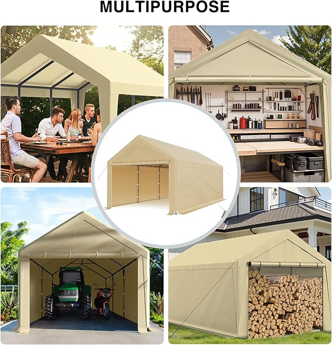 Carport Canopy 10x20 Heavy Duty, Portable Carport Garage with Removable Sidewalls and Door, Car Port with Waterproof Canopy for All Season (Beige)