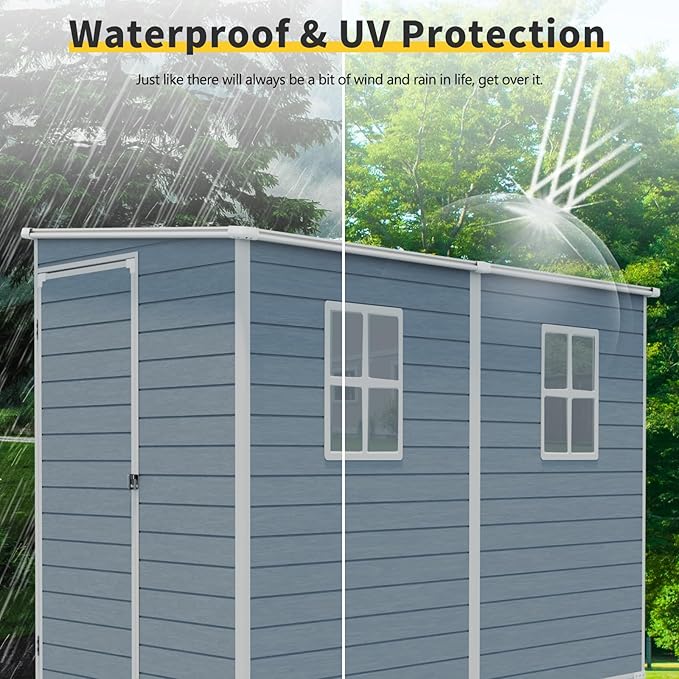 4x8 FT Outdoor Storage Shed Plastic Shed W/Floor,Resin Lean to Shed W/ 2 Windows & Lockable Door,Garden Tool House W/Air Vent & Sloped Roof,All Weather Waterproof for Backyard,Patio,Lawn,Grey