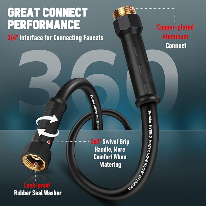 Short Garden Hose 6ft x 5/8", NON-EXPANDABLE Heavy Duty Premium Flexible Water Hose, No Kink, Leakproof, Lightweight Hybrid Hose with Male to Female Fittings for Household、Backyard