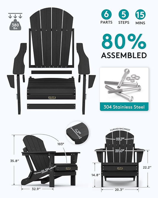 SERWALL Folding Adirondack Chairs Patio Chairs Lawn Chair Set of 6 Outdoor Adirondack Chair Weather Resistant for Patio Deck Garden, Backyard Deck, Fire Pit - Black