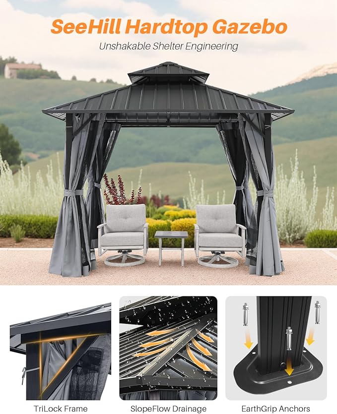 SEEHILL 12' x 12' Hardtop Gazebo, Aluminum Frame Patio Hardtop Gazebos with Netting and Curtain, Outdoor Patio Pergola, Outdoor Patio Gazebo with Double Metal Roofs for Lawns, Garden, Deck, Slate Gray