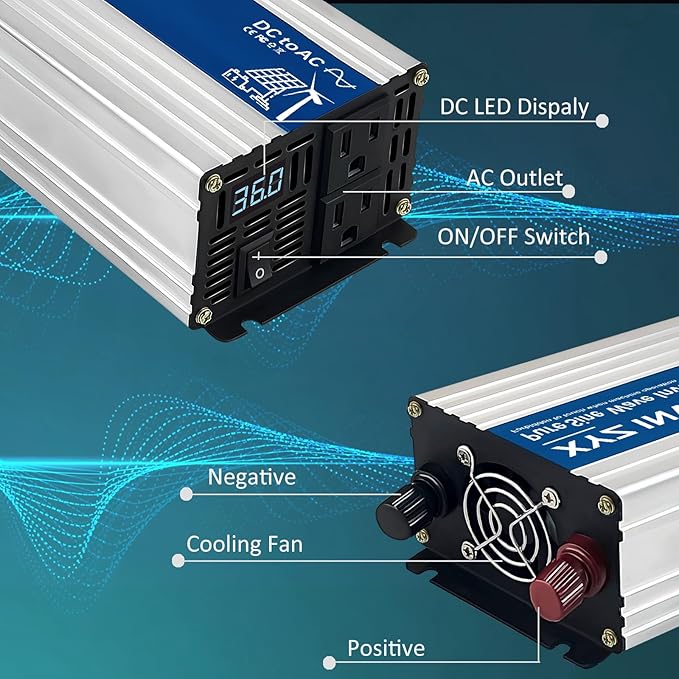 800W Pure Sine Wave Power Inverter DC 36V to AC 110V/120V, 1600W Peak, Car/Truck Power Converter for Solar, Home, Vehicle & Rechargeable Devices with LED Display