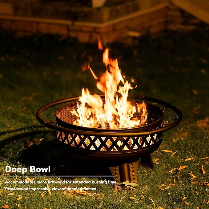 32 Inch Outdoor Fire Pit with Grill, Wood Burning Firepit for Outside with Lid/Fire Poker, Metal Round Fire Pit Table for Patio Backyard Garden Bonfire Party