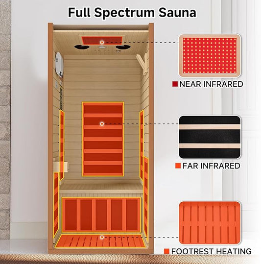 springspa Infrared Sauna for Home, 1 Person Home Sauna with Red Light Therapy, Canadian Hemlock Wooden Dry Saunas Room with Bluetooth Speakers, 1178 W/120V, 15 Minutes Pre-Warm up