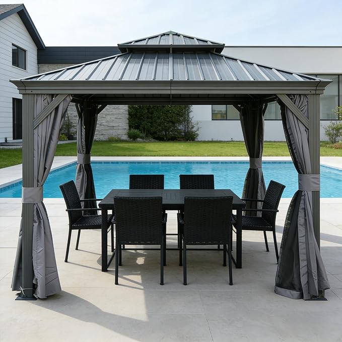 Domi 13x13FT Outdoor Gazebo, Hardtop Gazebo with Galvanized Steel Double Roof, Metal Gazebos with Drainage System Patio Pergola for Patio Deck Backyard,Curtain and Netting,Gray