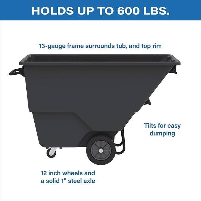 Akro-Mils 77410BLACK Akro-Tilt Heavy-Duty 1.0 Cubic Yard Plastic Truck Utility Cart, Loads up to 600 lbs., 200 Gallon Capacity, Black