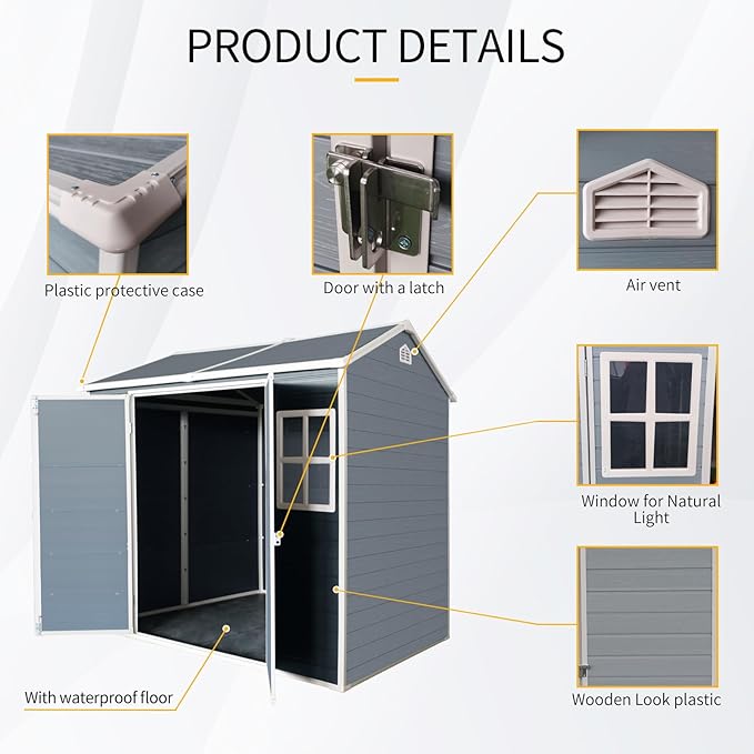 8x4 ft Outdoor Resin Storage Shed with Floor, Waterproof Plastic Garden Shed with Lockable Door and Two Windows, All-Weather Tool Sheds for Backyard, Patio, Lawn (Grey)