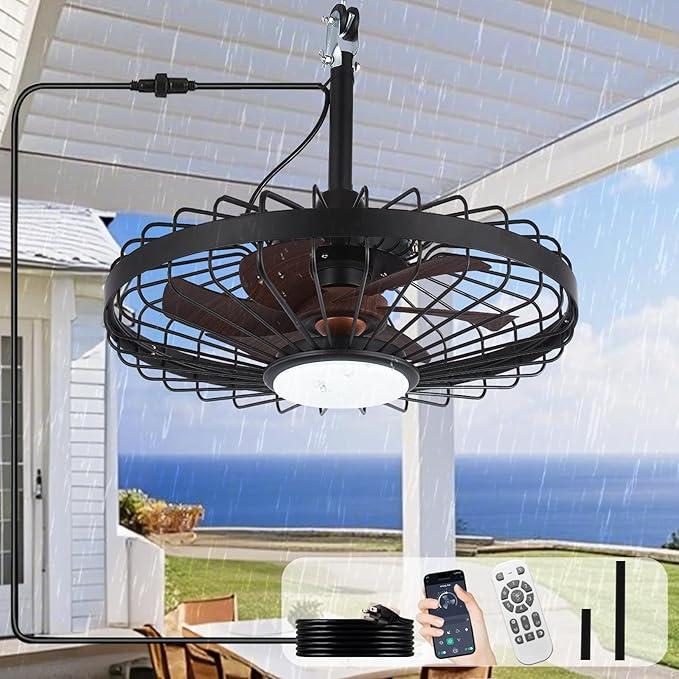 Depuley Gazebo Fans Outdoor Hanging: 20 Inch Black and Walnut Plug In Caged Outdoor Fan with Light and APP Remote Control - Waterproof Ceiling Fan for Patio Porch Pergola Reversible DC Motor
