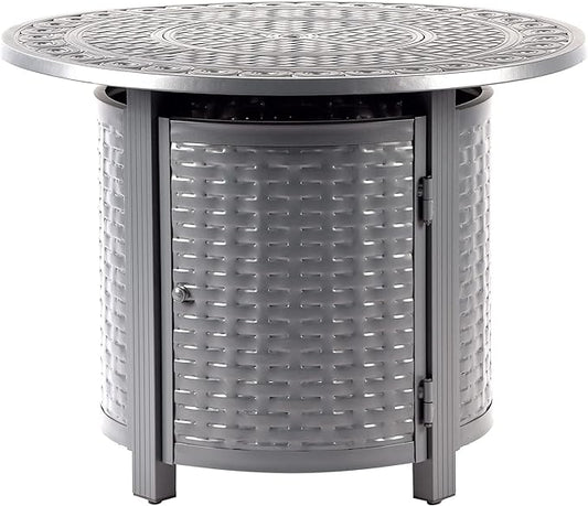 Round 34 in. x 34 in. Aluminum Propane Fire Pit Table with Glass Beads, Two Covers, Lid, 37,000 BTUs in Grey Finish