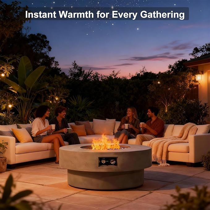 Propane Fire Pit Table, 34" Firepits for Outside, Gas Fire Pit for Outside Patio, Propane Fire Table with Burner Lid for Patio, Pool, 50000BTU, Tank Outside, Tank Not Included, Cement Grey