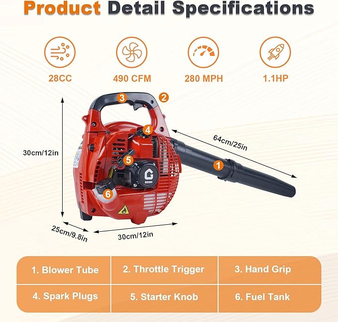 Gas Powered Leaf Blower, 28 CC 1.1-HP 2-Stroke Engine, Powerful 490 CFM & 280 MPH Gas Leaf Blower, Lightweight Handheld Design for Lawn Care, Driveway Cleaning, and Light Snow Removal