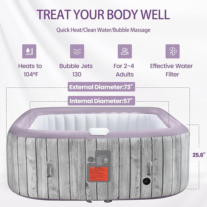 73" Inflatable Hot Tub,4-6 Person, Portable Outdoor Spa with 130 Soothing Bubble Jets, Smart Heating, Insulated Cover and 6 Replaceable Filters, PE Floor Mat, 110-120V Input (Square)
