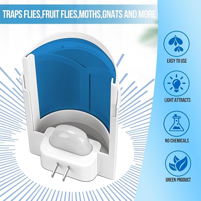 2-Pack Flying Insect Trap with 8 Refills - Plug-in Fruit Fly Trap for Indoor, Bug Zapper for Gnats, Fruit Flies & House Flies | Blue & UV Light Attraction | Mess-Free Disposal
