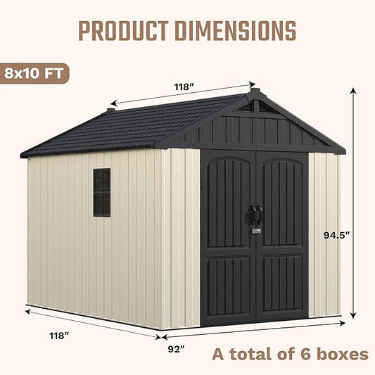 Devoko 8 x 10 FT Plastic Outdoor Storage Shed with Floor, Garden Resin Tool Sheds with DIY Window and Lockable Door, Beige Kick-it Shed for Patio, Backyard, Lawn