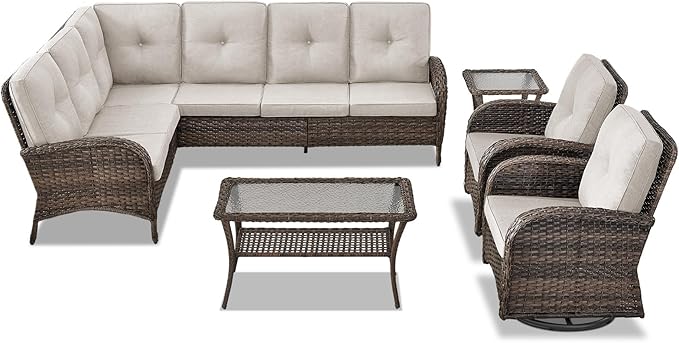 Belord Outdoor Furniture Set - 6 Pieces Patio Conversation Sectional Sofa Set with Swivel Rocker Outdoor Chairs Set of 2 and Wicker Coffee Table for Deck Backyard Sunroom Brown