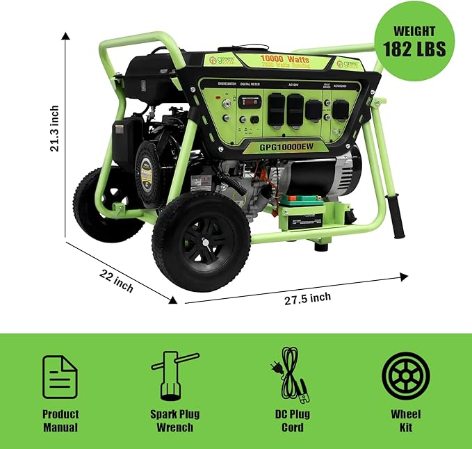 Green-Power America Gasoline Powered Portable Generator 10000 Watt, Recoil/Electric Start, 12V-8.3A Charging Outlets, Home Back Up & RV Ready, 49 State Approved（Excluding California）