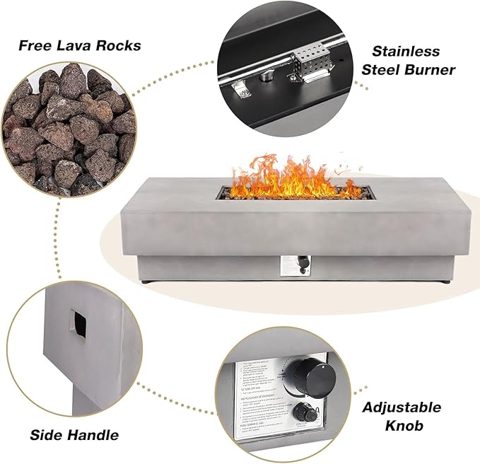 60Inch Outdoor Propane Fire Pit Table with Tank Cover Wind Guard, 3-Piece Large Concrete Fire Table Rectangular 50,000 BTU Stainless Steel Burner Gas Fire pits for Outside Patio, Backyard