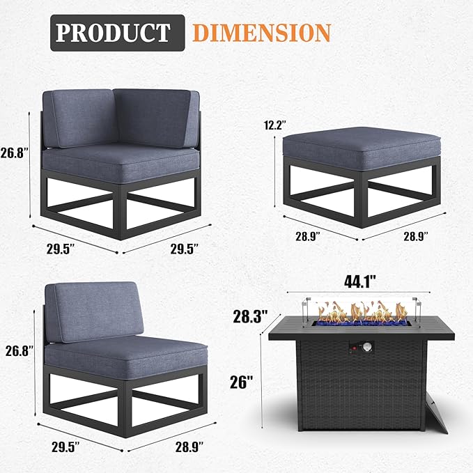 11 Pieces Aluminum Patio Furniture Set with Propane Gas 44" Fire Pit Table, Metal Outdoor Conversation Sofa Set with Seating Cushions