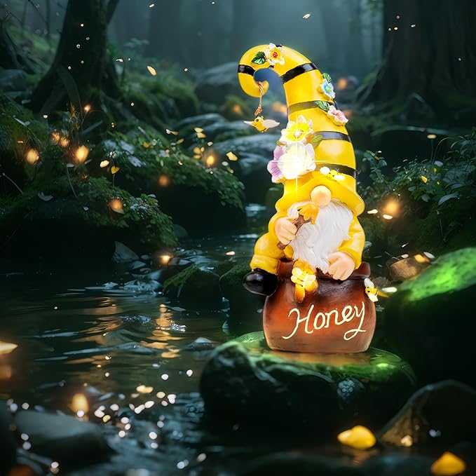 twinbling Birthday Gifts from Daughter Son - 13" Garden Solar Spring Gnomes Statues Outdoor Spring Decor with LED Lighted Bee and Flowers Funny Garden Sculpture for Patio Yard Lawn Decorations Gifts