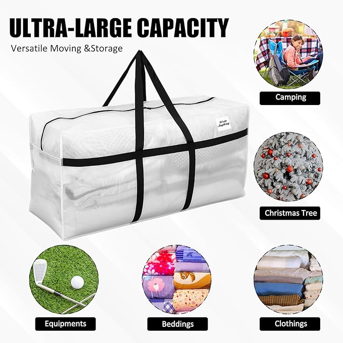 Windyun 4 Pack 69 Gallon Extra Large Storage Bags XXL Moving Bags with Zipper Handle Heavy Duty Jumbo Big Tote Box for Christmas Tree Storage 4, 5, 7.5, 9, 10, 12 ft Skeleton College Dorm(Transparent)