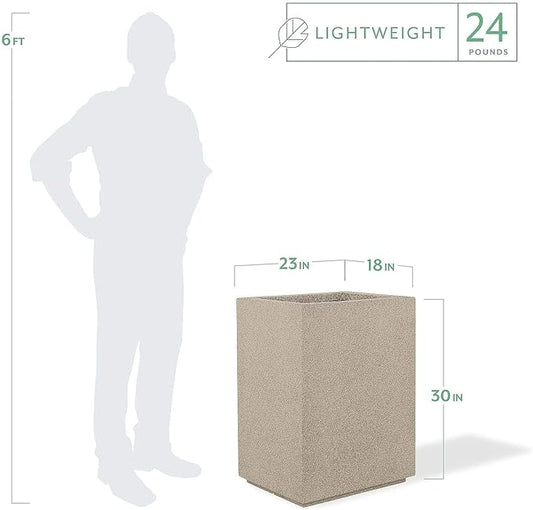 PolyStone Cozumel Tall Modern Outdoor/Indoor Column Planter, 23" L x 18" W x 30" H, Lightweight, Heavy Duty, Weather Resistant, Polymer Finish, Commercial Grade and Residentia (Sandstone Granite)