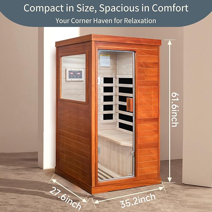 RIGO Far Infrared Sauna for Home Dry Sauna for Home Wood Sauna Room 1 Person Infrared Sauna Indoor One Person Sauna Low EMF Okoume Wood Sauna with Control Panel, Speakers and Tempered Glass Door
