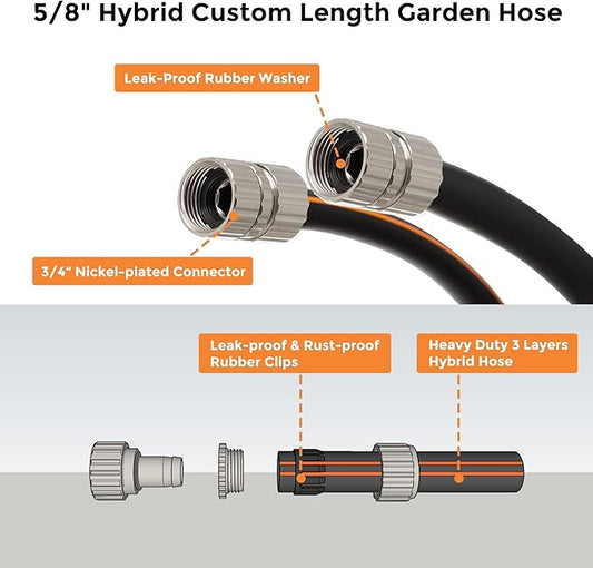 Giraffe Tools Leader Hose 8ft x 5/8", Custom Length, Heavy Duty, No Kink, Flexible, Rubber Garden Hose, Leakproof Water Hose with Male to Female Fittings, 600 Burst PSI