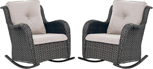 Patio Rocking Chairs Set of 2, Wicker Outdoor Rocking Chairs, Outdoor Gliders Patio Rockers for Porch, Deck, Yard, Sunroom, Garden, Brown Wicker/Beige Cushion