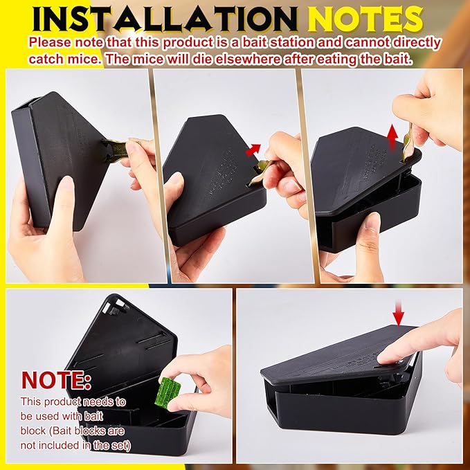 Qualirey 12 Pcs Mice Station with Key Triangle Bait Station Reusable Rodent Trap Bait Box, Keeps Children and Pets Safe Indoor & Outdoor, Bait Not Included, Suitable for Small Mice (Black)