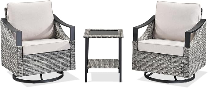 3 Pieces Outdoor Patio Furniture Sets - Wicker Swivel Patio Rocker Chairs Set of 2 with Glass Side Table, High Back Swivel Glider Chair with Deep Seating for Porch Deck Balcony Garden Gray/Beige