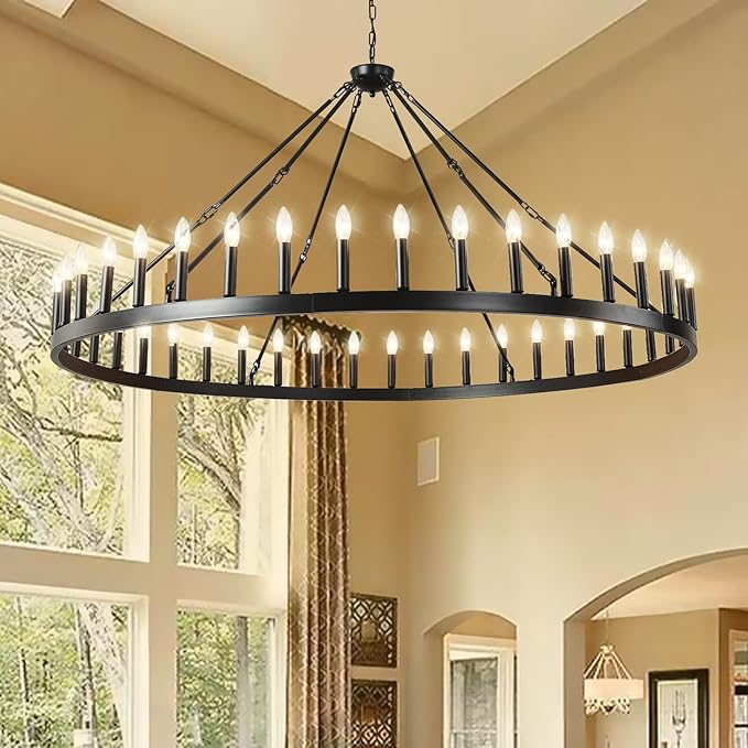 64 Inch Black Extra Large Wagon Wheel Chandelier, 42-Lights Farmhouse Industrial Round High Ceiling Pendant Light Adjustable Chain, for Dining Room, Living Room