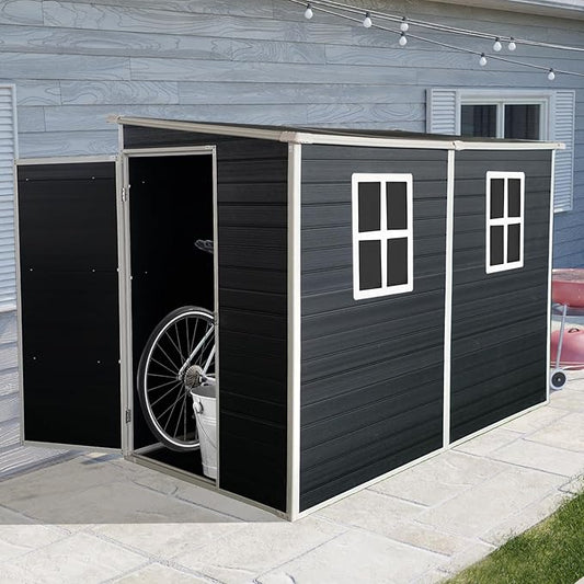 4x8 ft Outdoor Resin Storage Shed with Floor and 2 Windows, Waterproof Plastic Garden Shed with Lockable Door and Air Vents, All-Weather Tool Sheds for Backyard, Patio, Lawn (Black)