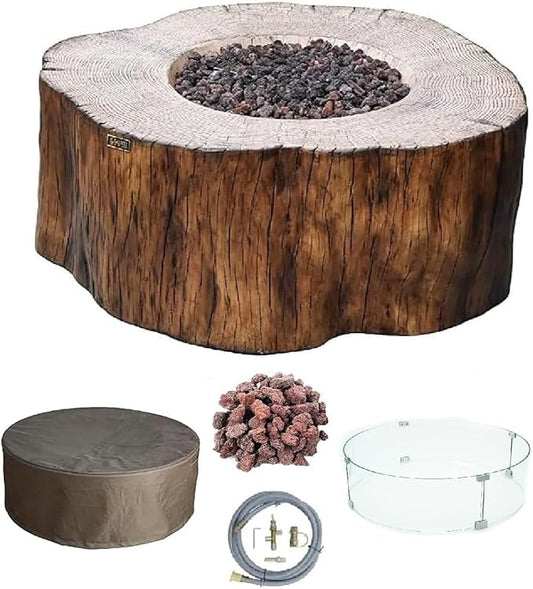 Elementi Manchester Gas Fire Pit Cast Concrete Fire Table, Outdoor Fire Pit Electronic Ignition | Canvas Cover, Lava Rock Included | Free AMS Wind Guard | Red Wood (Natural Gas)