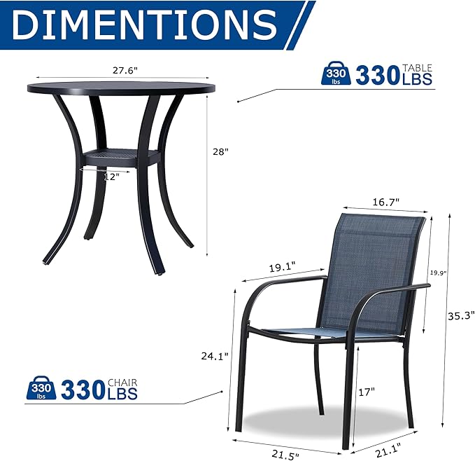 3 Piece Outdoor Dining Set, Patio Table and Chairs Set of 2, 27.6" Black Round Patio Table with 2 Dark Blue Stackable Patio Chairs for Lawn, Garden, Porch