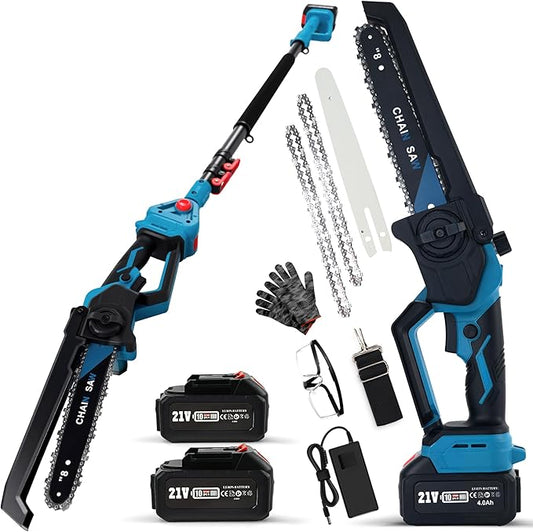Cordless 2-in-1 Pole Saw & 8" Mini Chainsaw,Brushless 1200W Motor,2x21V 4.0Ah Batteries, 4-9FT Extension Pole with 0-180° Adjustable Head,Auto Oiling,Max 16FT Reach for Tree or Branches Tree Trimming