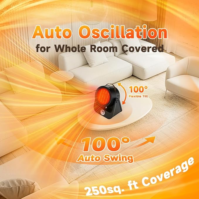 1500W PTC Ceramic Electric Heater, 250Sq.ft 1S Heating, 4 Modes, 100° Vertical & Horizontal 3D Swing Patio Heaters for Outdoor Use, Tip-over&Overheat Safe Space Heaters for Indoor Use Garage